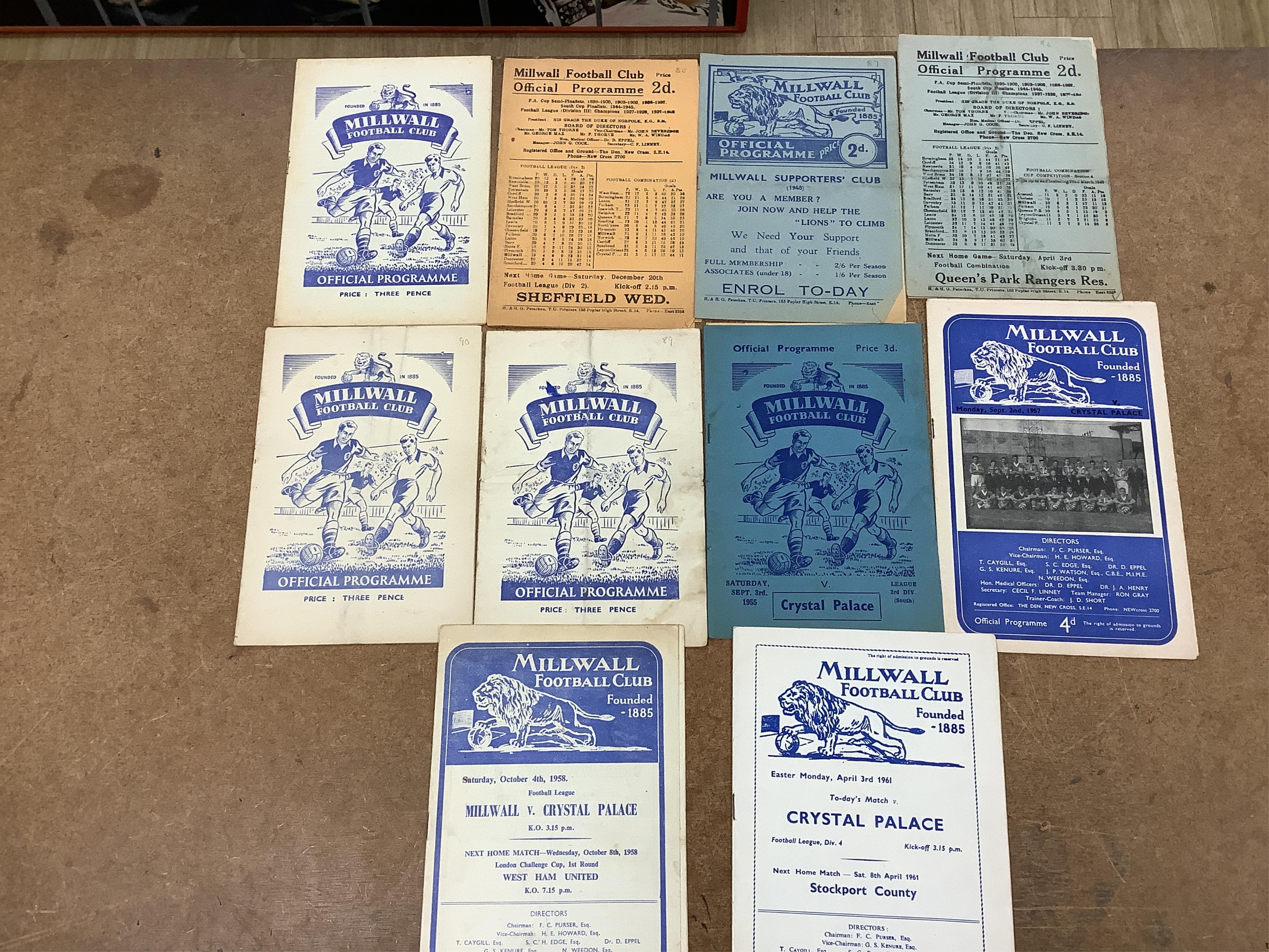 A collection of 1940s-70s football programmes, including Millwall, Fulham, Everton, Newcastle United, Crystal Palace, Leyton orient, Charlton Athletic, Brighton Hove Albion, Leicester City etc.